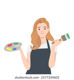 Woman artist holding a paintbrush and a palette with vibrant color. Creative Painter at Work. Flat vector illustration isolated on white background