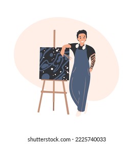 Woman, artist in overalls stands near the easel, cartoon flat vector illustration. Hobby, painting, art studio, art classes, workshop concept. Professional painter