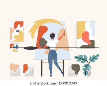 Woman artist paint abstract picture on frame, character female paint image isolated on white, girl coloring pictures in her studio And she sells it for a high price. Vector Flat design illustration