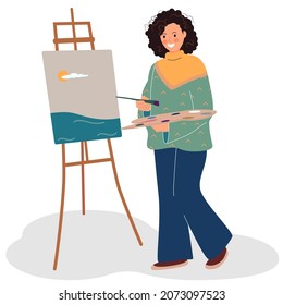 Woman artist painter character in boho style painting landscape picture standing near easel. Vector illustration in flat style