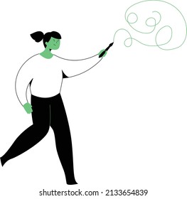 Woman artist painting abstract shapes on black space isolated on white background. Young creative girl in blue overalls standing near easel and holding palette and brush. Flat vector illustration.