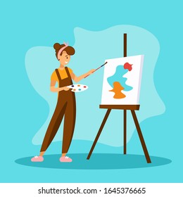 Woman artist painting colorful abstract shapes on canva. Young creative girl standing near easel and holding palette and brush. Flat vector illustration.