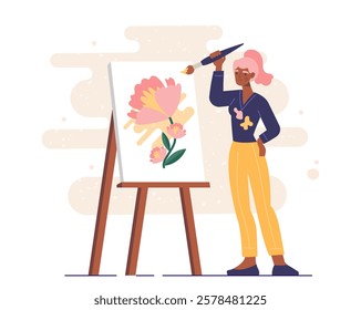 Woman artist painting flowers on canvas with brush, in a modern flat style, standing in a creative studio on a light abstract background. Vector illustration