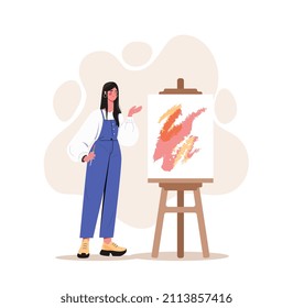 Woman artist painting. Girl standing in front of easel. Creative personality and art. Painter at work. Female student or pupil draws in abstract style, learning. Cartoon flat vector illustration