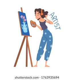 Woman Artist Painting on Easel, Creative Hobby or Profession Cartoon Style Vector Illustration on White Background