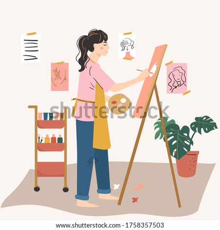 woman artist painting on easel. Woman hobby, activity, profession. Creativity at home concept. Hand drawn vector illustration.