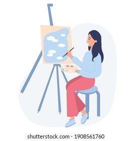 Woman artist painting the sky on canva. Girl holding palette and brush. Flat vector illustration on a white background.