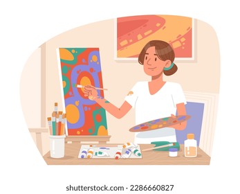 Woman artist paints an abstract picture with oil paints. Hobby or professional painting. Vector illustration in flat style