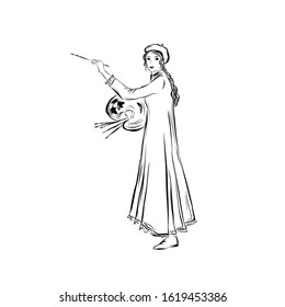 Woman artist paints with a brush holding a palette with paints. Lady dressed in a long dress and beret. Drawing for coloring. Graphic female silhouette.