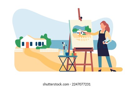 La artista mujer pinta una imagen del paisaje en la naturaleza. Espléndida pintura panorámica de la playa. Pintor con lienzo de caballete y pincel. Dibujo femenino al aire libre. Hobby creativo