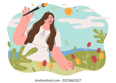 Woman artist paints world around with beautiful nature and summer weather with sun in sky. Girl with creative potential, wants to make planet better place or become great artist creating masterpieces