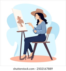 Woman artist sitting at the easel and painting. Young painter with palette. Creative profession. Vector illustration in flat style