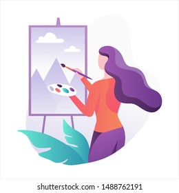 Woman artist standing at the easel and painting. Young painter with palette. Creative profession. Vector illustration in flat style isolated