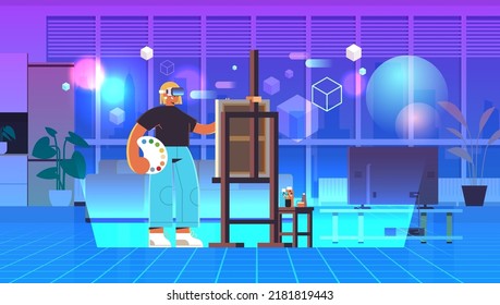 woman artist wear virtual digital glasses painting picture vr vision headset innovation creative hobby concept
