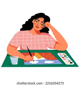 Woman Artist at working process. Abstract painting, drawing with brush and watercolor paints. Creative girl, student. Fine art hobbies. Vector