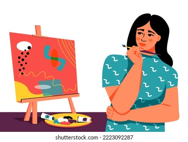 Woman Artist at working process. Сreative girl painted a picture. Easel and canvas, oil paints in tubes, palette.  Fine art hobby. Vector illustration