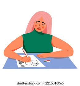 Woman Artist at working process.  Pencil drawing, graphics. Creative girl, student. Fine art hobby. Vector