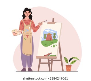 Woman artist at workplace concept. Young girl with brush and paintings. Creativity and art. Character at workshop with equipment for creativity. Cartoon flat vector illustration