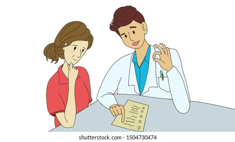 Woman Asian patient had her check up done with a young male doctor , explaining  the good result to her on the table. Cartoon vector drawing with white background