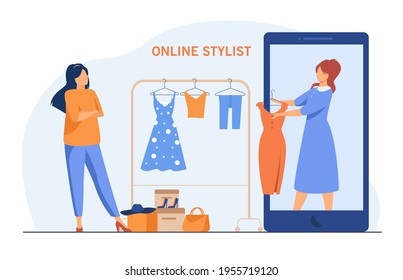 Woman asking for advice from online stylist. Smartphone, dress, clothes flat vector illustration. Fashion and choice concept for banner, website design or landing web page