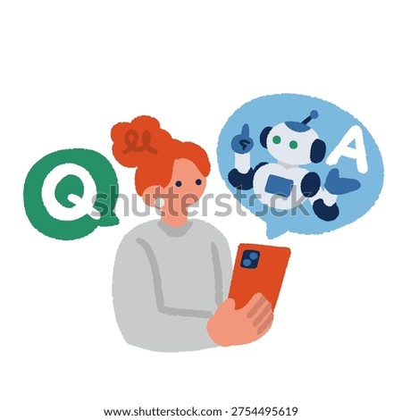 Woman asking AI chatbot question on smartphone artificial intelligence assistant