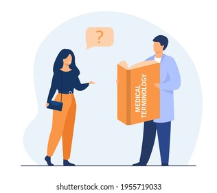 Woman Asking Doctor About Medical Terms. Book, Profession, Dictionary Flat Vector Illustration. Medicine And Terminology Concept For Banner, Website Design Or Landing Web Page