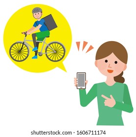 A woman asking for food delivery by smartphone illustration