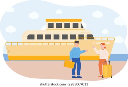 A Woman Is Asking A Man About The Departure Of A Ship Illustration