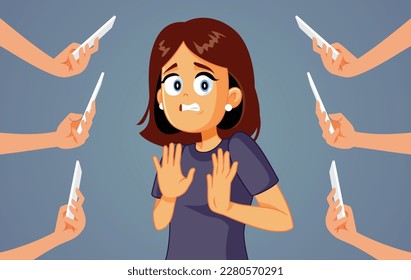 
Woman Asking No Photos Taken Vector Concept Illustration. Unhappy girl feeling anxious about being photographed without consent
