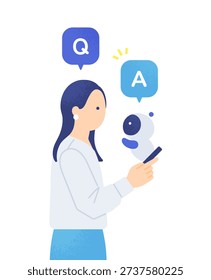 Woman asking a question to an AI chatbot popping out of a smartphone. Vector illustration of a virtual assistant concept.