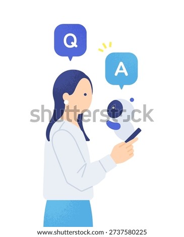 Woman asking a question to an AI chatbot popping out of a smartphone. Vector illustration of a virtual assistant concept.