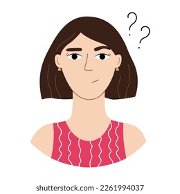 Woman asking question, hesitate woman with doubt face and interrogation point. Vector illustration with doubt and disconnect concept