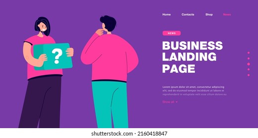 Mujer haciendo preguntas al hombre. Pequeña y curiosa caja de retención femenina con signo de interrogación de ilustración vectorial plana. Preguntas frecuentes, búsqueda del concepto de información para banner, diseño de sitios web o página web de aterrizaje