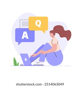 Woman asking question in support chat. Customer finding answer. Concept of customer guide, support chat, faq, questions and answers. Vector illustration flat design for banner, landing page template