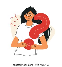 Woman asking questions searching for answers. Questioning and contemplating concept. Pensive asian girl think about problem flat vector cartoon illustration isolated on white background