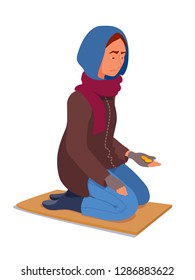 The woman asks for alms, sits on her knees on cardboard, stretches out her palm, looks at the coins. Sad homeless young girl. Vector cartoon flat style illustration isolated on white background.