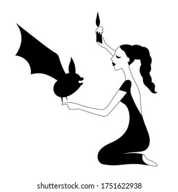 Woman asks Bat. Vector outline drawing silhouette.