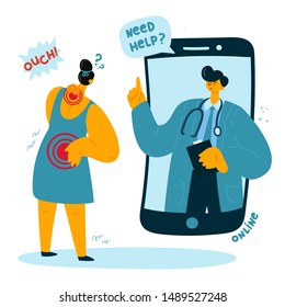 The Woman Asks The Online Doctor For Help Because She Has A Back And Neck Pain. Online Doctor Consults The Patient. Smartphone-related Neck Pain. Vector Illustration