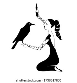 Woman asks the Raven. Vector outline drawing silhouette.