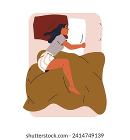 Woman asleep. Female sleeping alone on double bed, hugging pillow with arms, missing husband. Happy girl lying, dreaming, relaxing, top view. Flat vector illustration isolated on white background