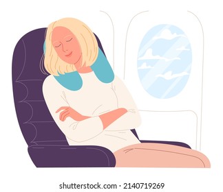 Woman asleep on aircraft flight. Vector illustration