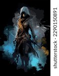 Woman assassin fantasy poster. Epic dark and skilled female warrior. Medieval lady with katana or sword  fighting the enemies. Hooded warrior. Dark young ninja, Rogue watercolor  drawing  vector art
