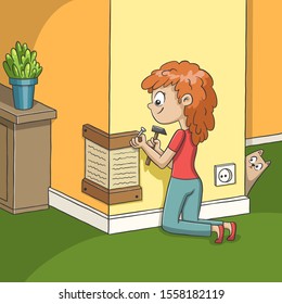 Woman assembles a scraper board. Hand drawn vector illustration with separate layers.