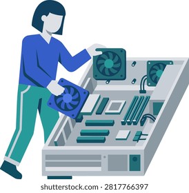 Woman assembling a desktop computer with cooling fans. Flat illustration of a person installing cooling fans into a computer case with motherboard and RAM visible. Ideal for technical support blogs or DIY hardware guides.