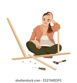 Woman Assembling Furniture at Home, Seeking Help. Vector illustration