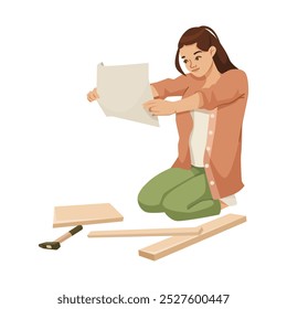 Uma mulher montando móveis usando instruções. Ilustração vetorial