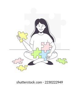 Woman Assembling Jigsaw Puzzle Connecting Mosaiced Pieces Together Vector Illustration
