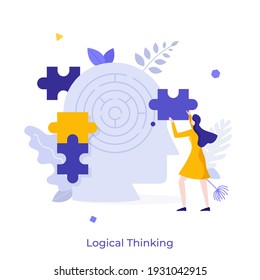 Woman assembling jigsaw puzzle and head with maze inside. Concept of logical thinking, analytical mind, human intelligence, problem solving, brainstorming. Modern flat colorful vector illustration.