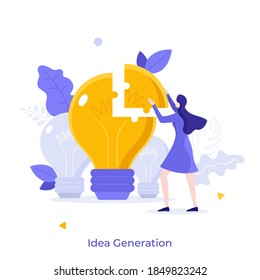 Woman assembling lightbulb jigsaw puzzle. Concept of creativity, creative idea generation, innovative technology, insight or breakthrough. Modern flat colorful vector illustration for banner, poster.
