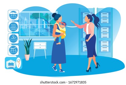 Woman Assistant Helping Young Mother with Baby Girl in Sling, to Choose Cotton Filling Mattress. Anatomic Spine Seat when Sleeping, Breathable and Waterproof Properties. Stand with Samples in Section.